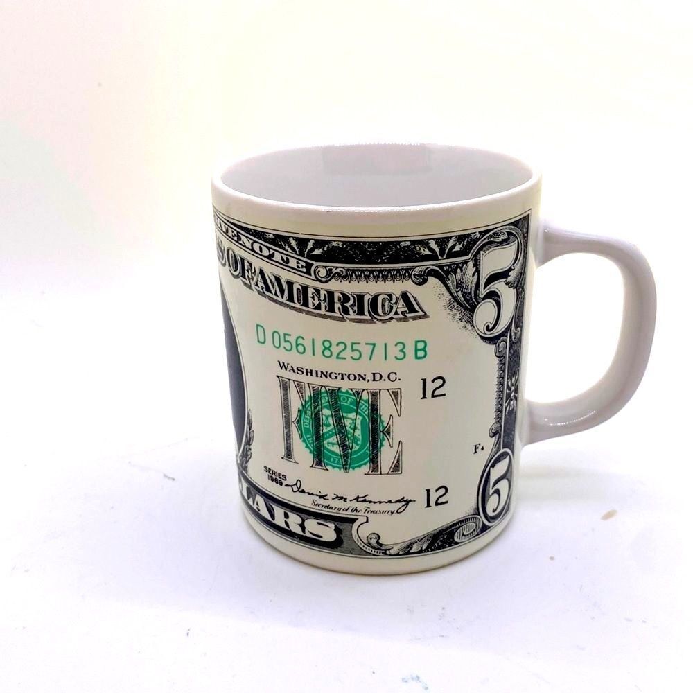 Vintage Five Dollar Bill Mug Ceramic Currency Coffee Cup Collectible Novelty